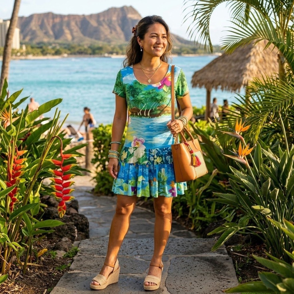 Jams World Womens Tropical Print Tiered Mini Dress Blue Green Floral Size M